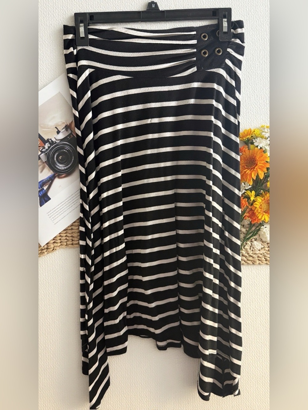 BCX Black & White Striped Asymmetrical Midi Skirt